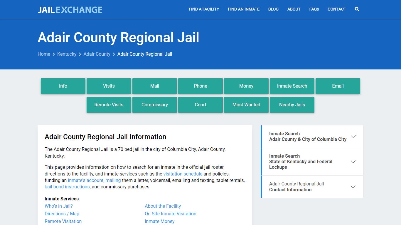 Adair County Regional Jail, KY Inmate Search, Information